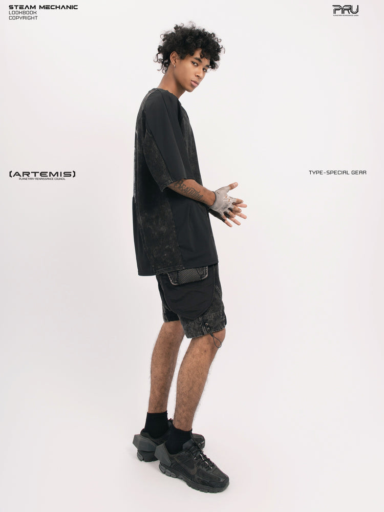 ARTEMIS blackbird black detachable technical shorts — side full-outfit view showing the pocket depth