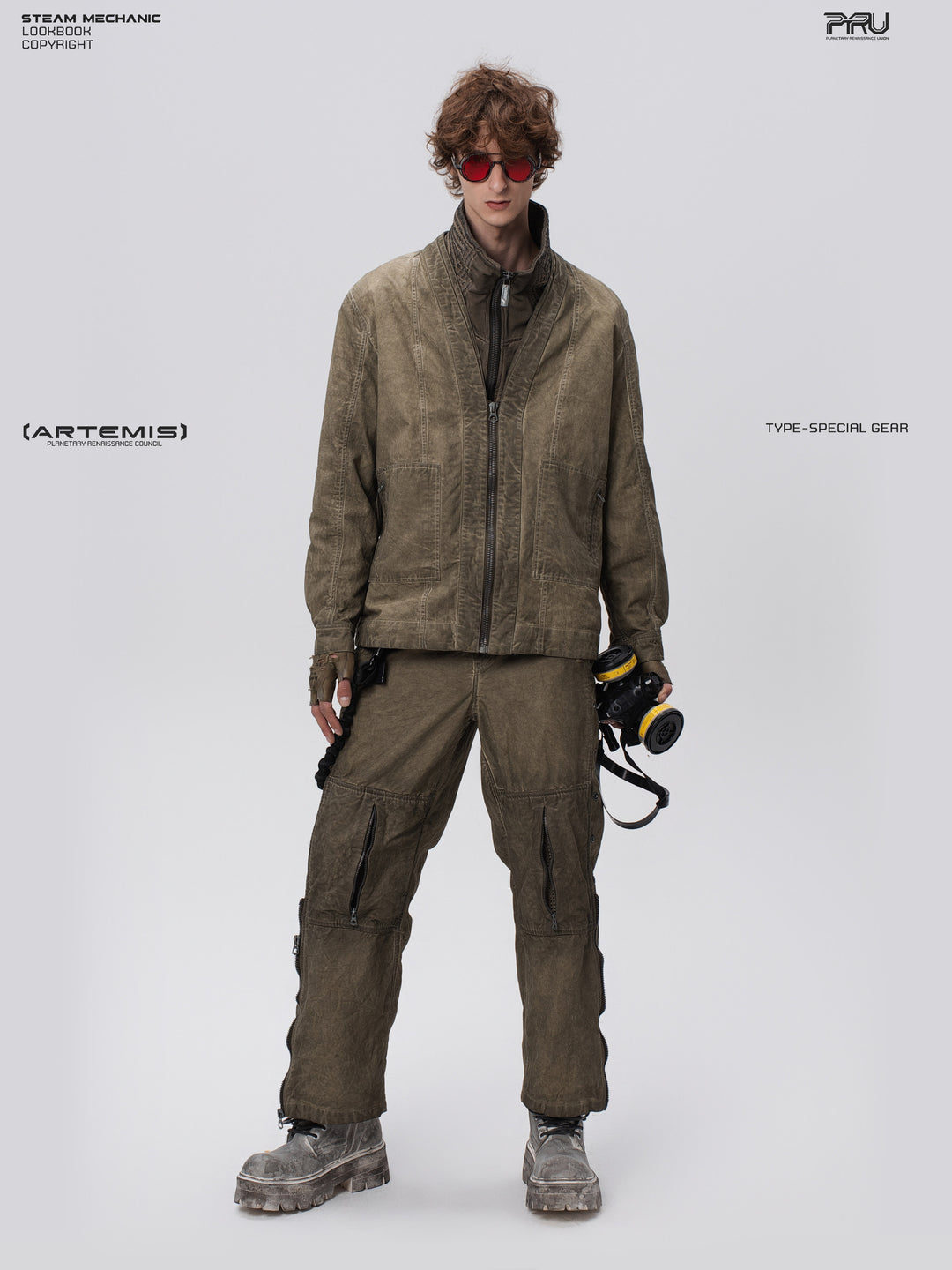 GAIA gravel brown open-collar technical robe — full-length front modeled view