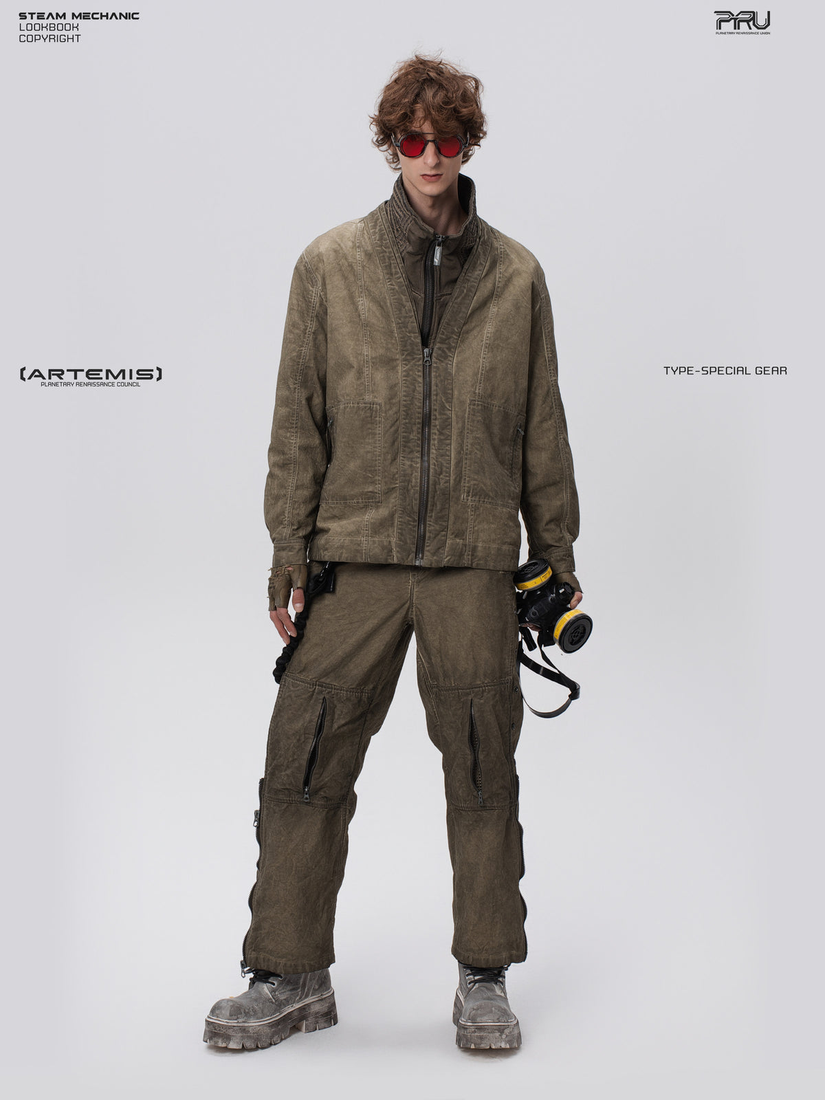 GAIA gravel brown open-collar technical robe — full-length front modeled view