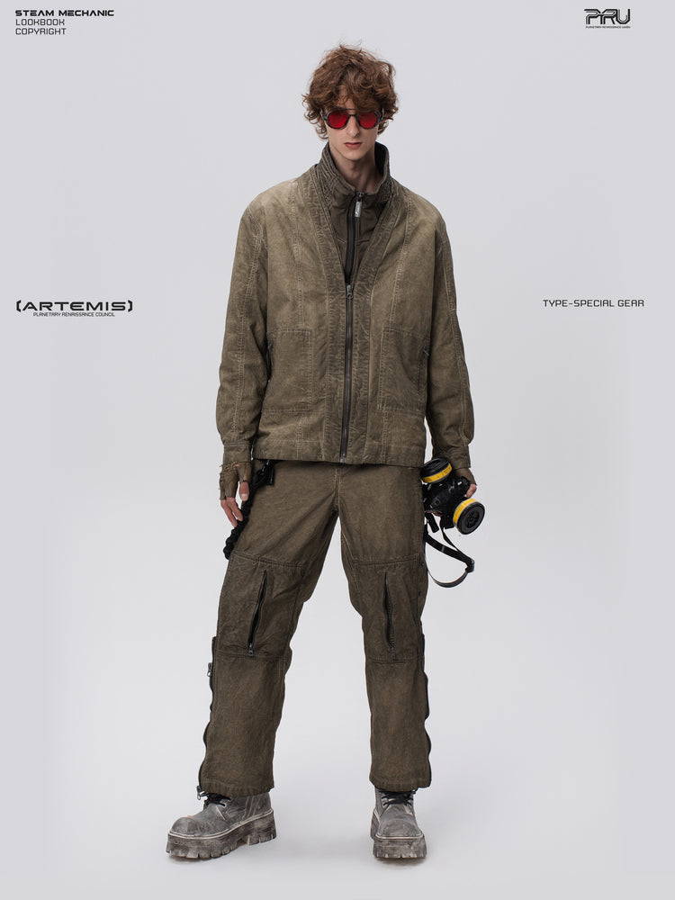 GAIA gravel brown open-collar technical robe — full-length front modeled view