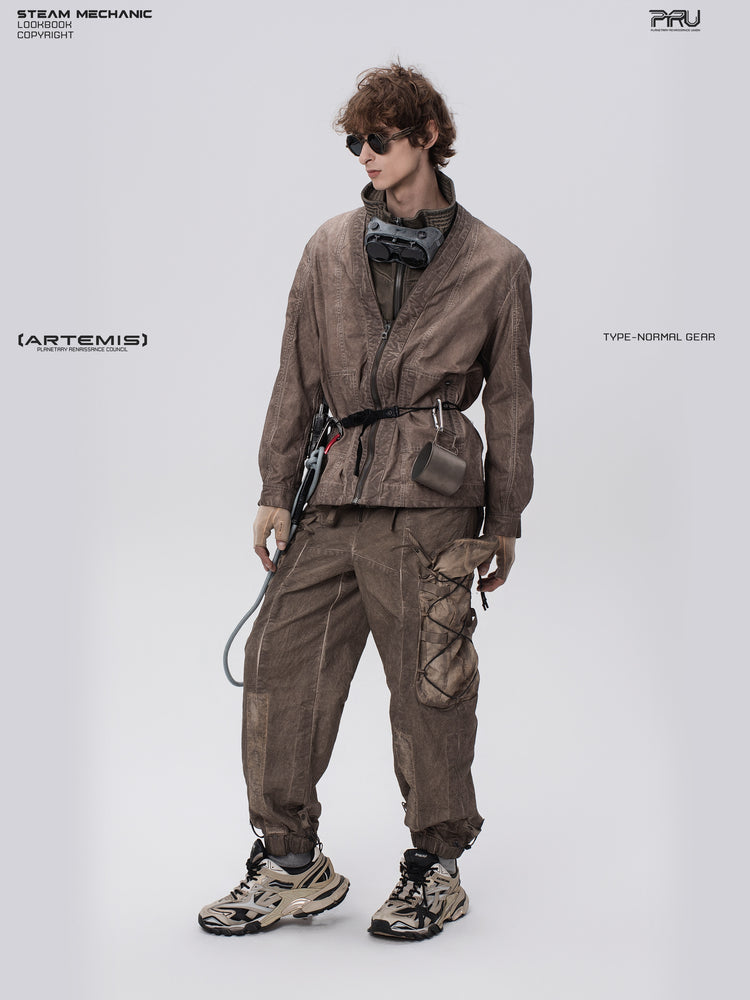 GAIA ochre brown open-collar technical robe — full-length three-quarter modeled view