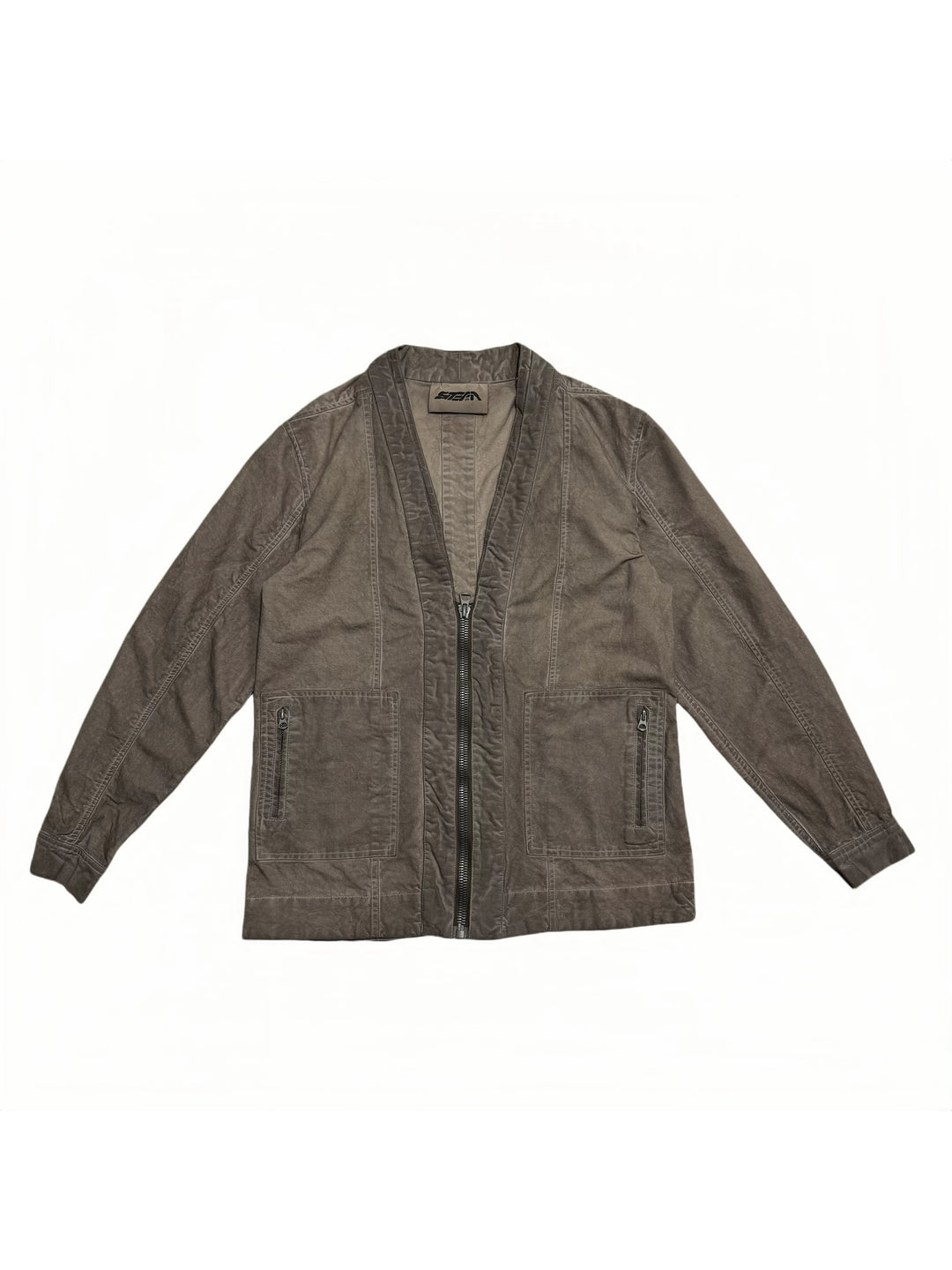 GAIA ochre brown open-collar technical robe — ochre brown front flat lay with open collar and zip pockets