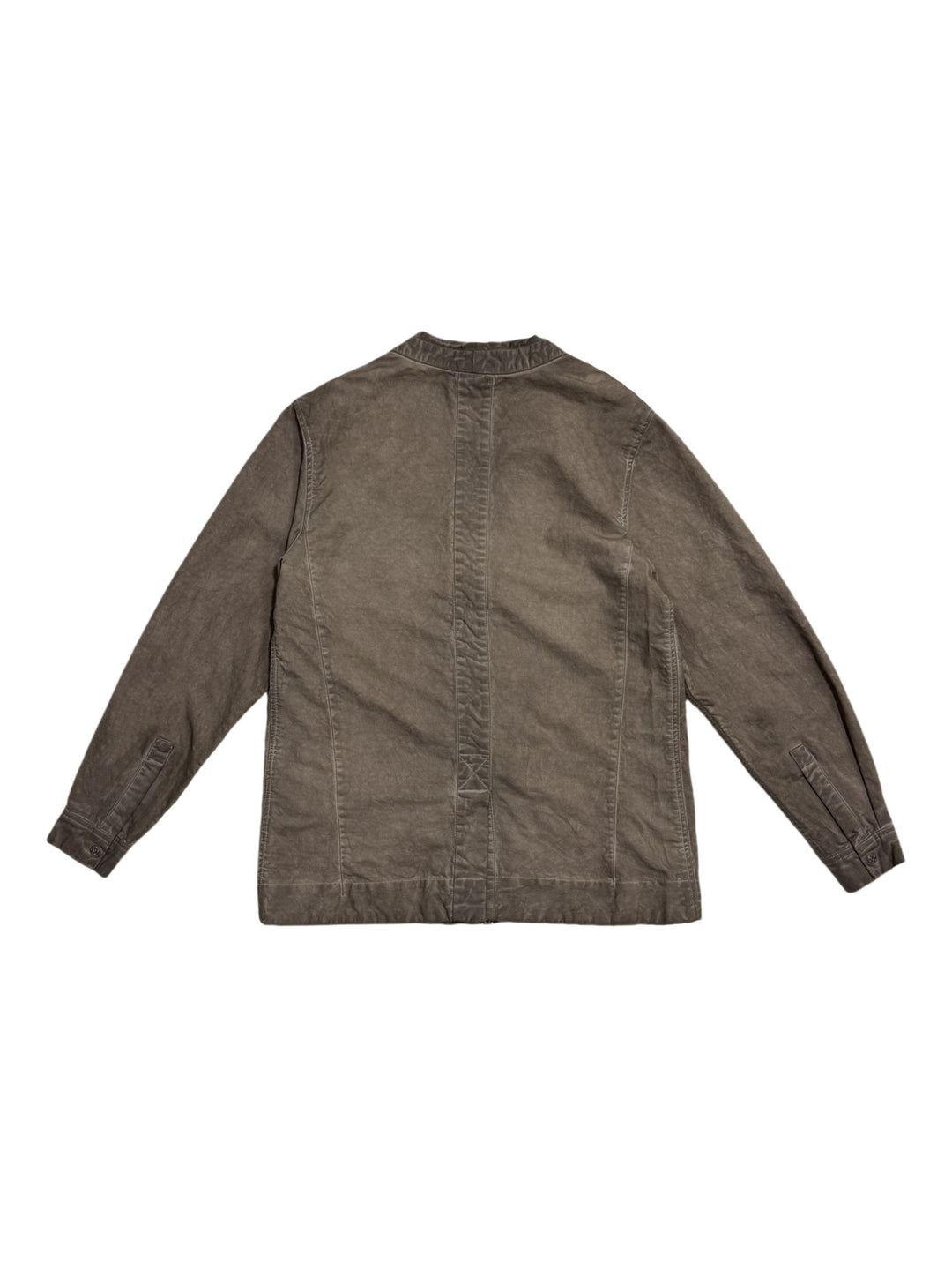 GAIA ochre brown open-collar technical robe — ochre brown back flat lay showing geometric panel seams