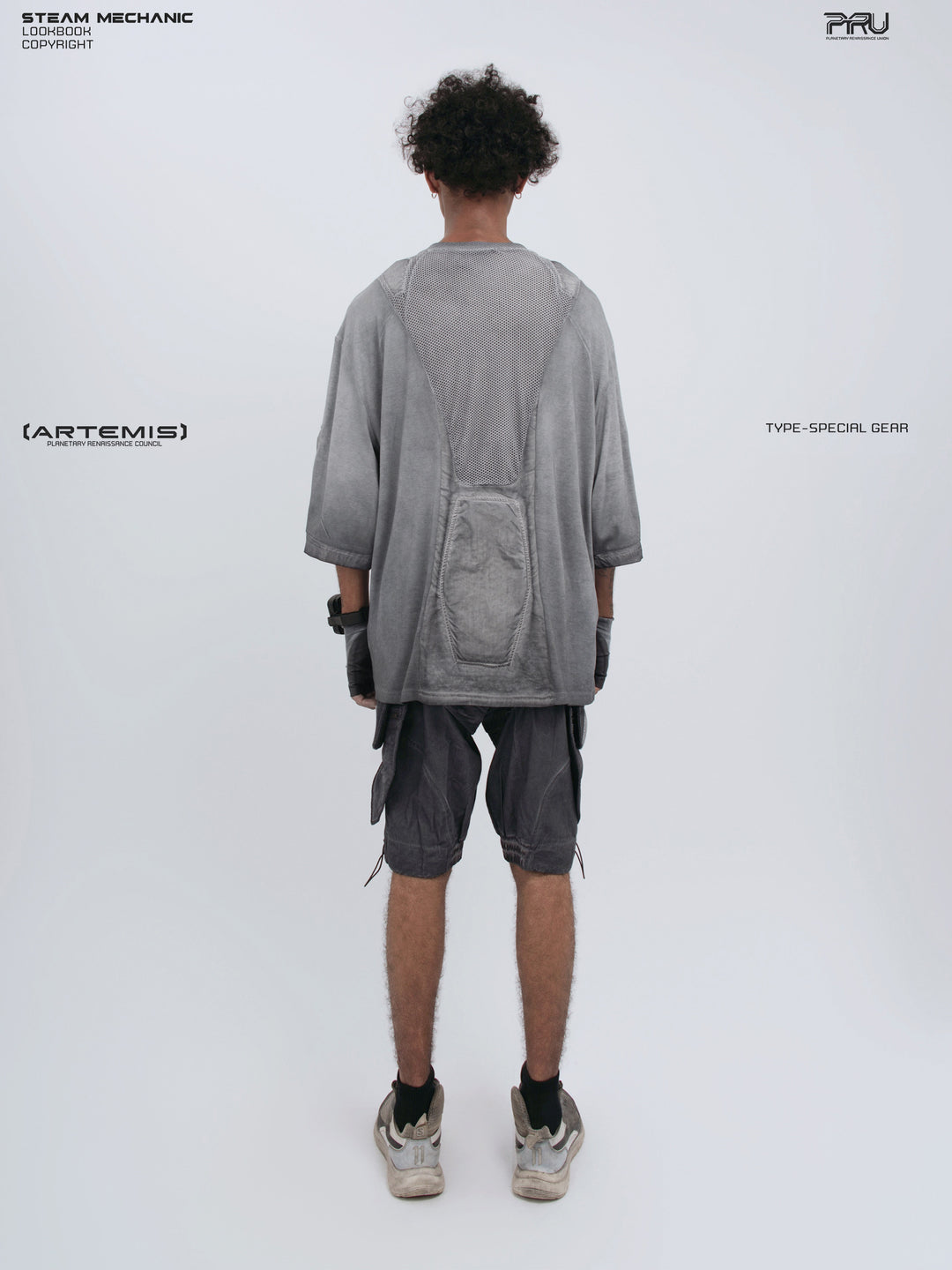 STARCORE moon dust gray distressed mesh tee — full-length modeled back view with arms relaxed
