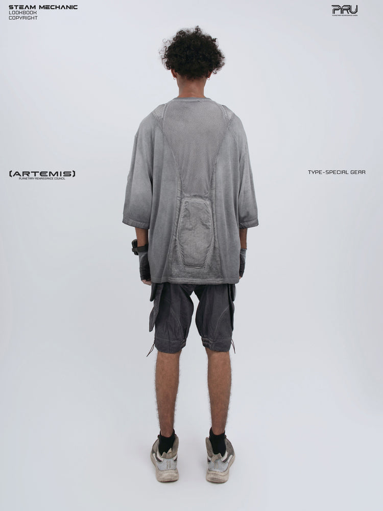 STARCORE moon dust gray distressed mesh tee — full-length modeled back view with arms relaxed