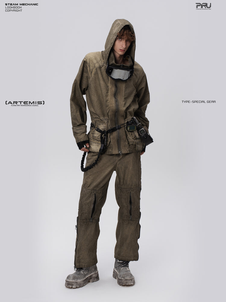 STARCORE distressed work jacket in lunar soil green — full-length three-quarter modeled view with hood up