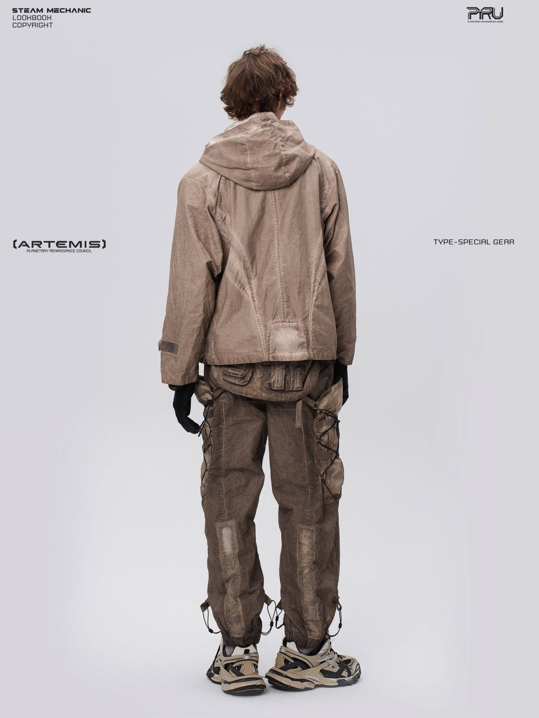 STARCORE distressed work jacket in gravel brown — alternate full-length rear modeled view