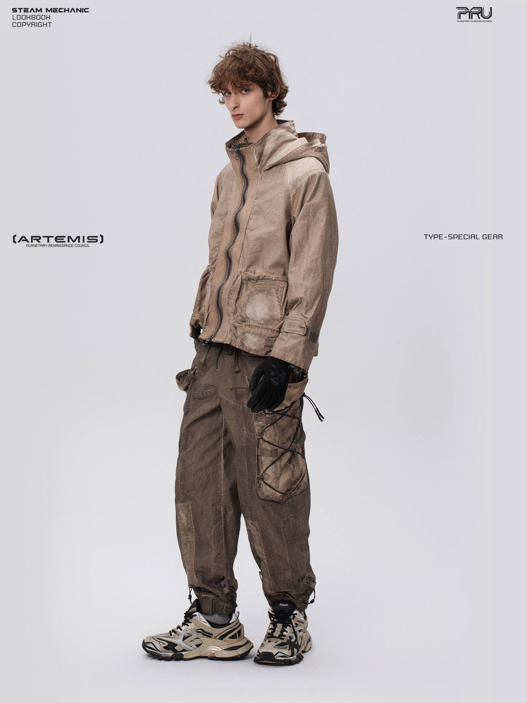 STARCORE distressed work jacket in gravel brown — full-length side modeled view