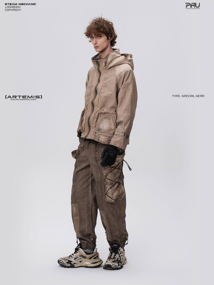 STARCORE distressed work jacket in gravel brown — full-length side modeled view