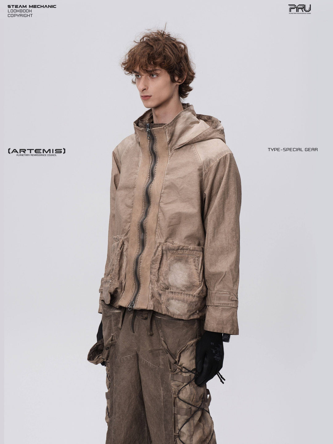 STARCORE distressed work jacket in gravel brown — left three-quarter front modeled close-up