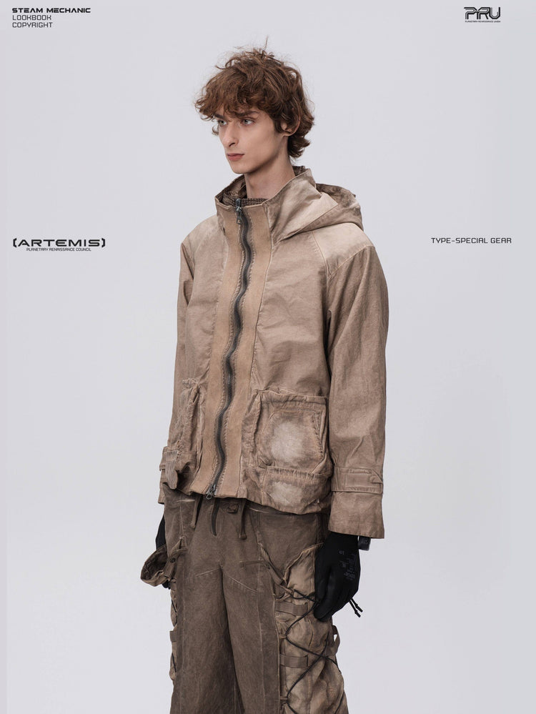 STARCORE distressed work jacket in gravel brown — left three-quarter front modeled close-up