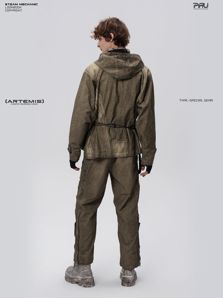 STARCORE distressed work jacket in lunar soil green — full-length rear three-quarter modeled view