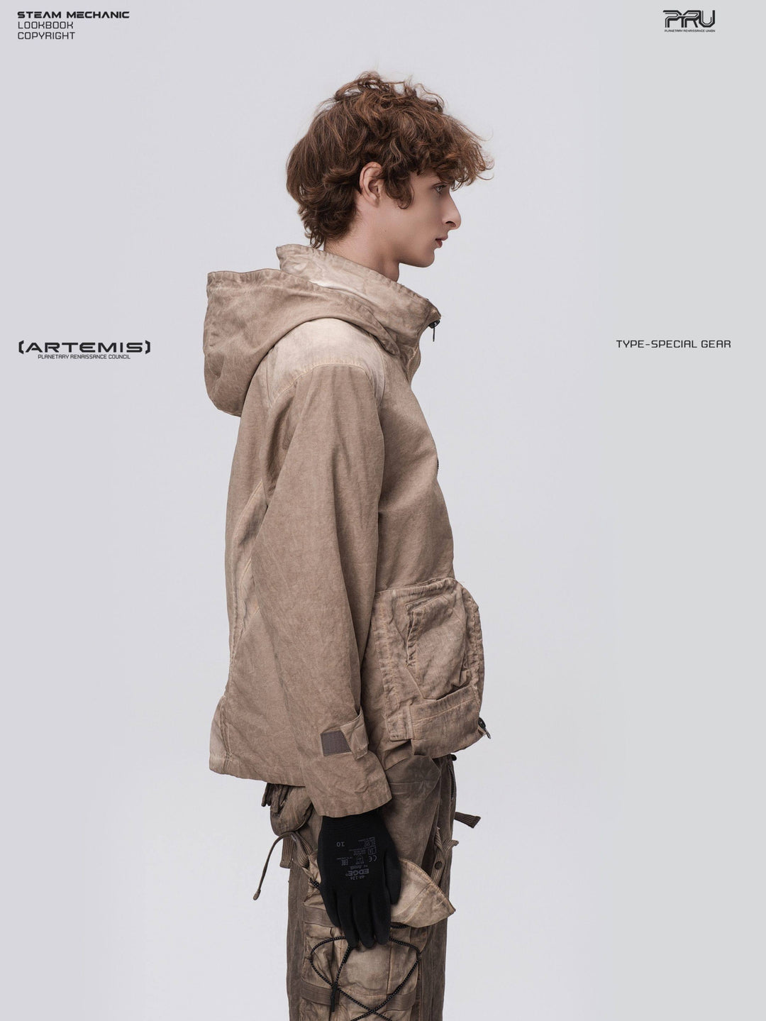 STARCORE distressed work jacket in gravel brown — right side modeled close-up showing hood and pocket depth