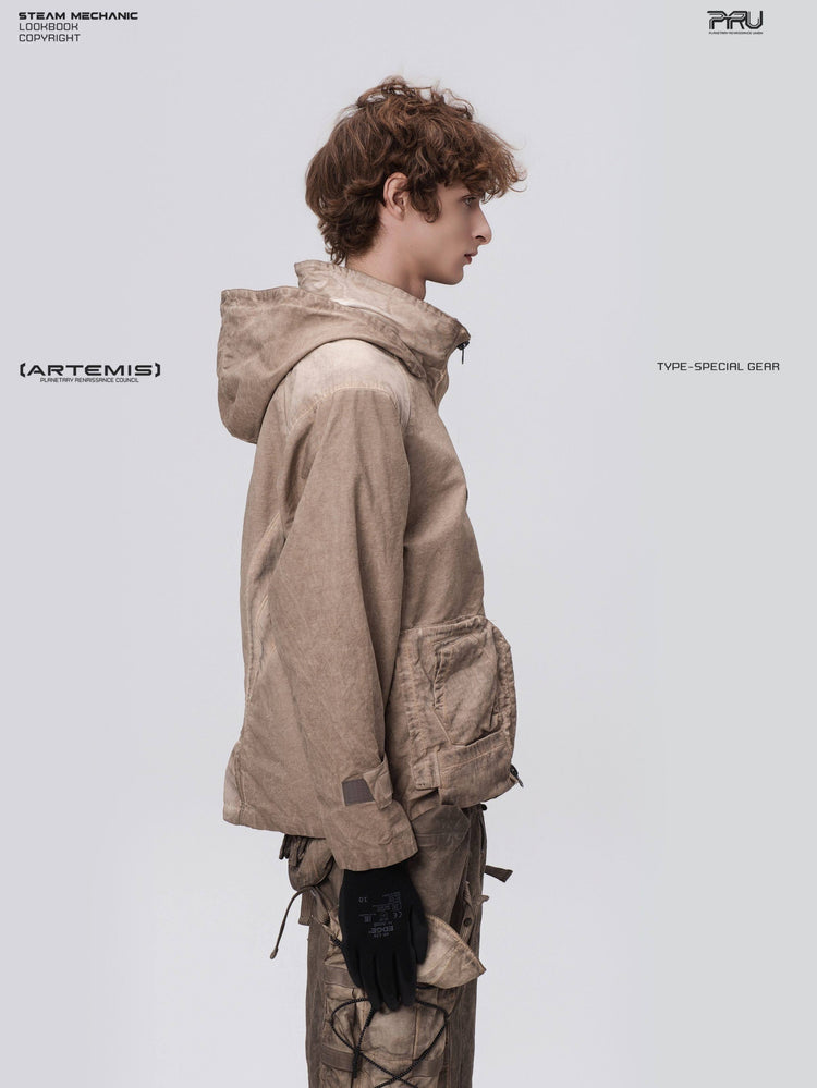 STARCORE distressed work jacket in gravel brown — right side modeled close-up showing hood and pocket depth
