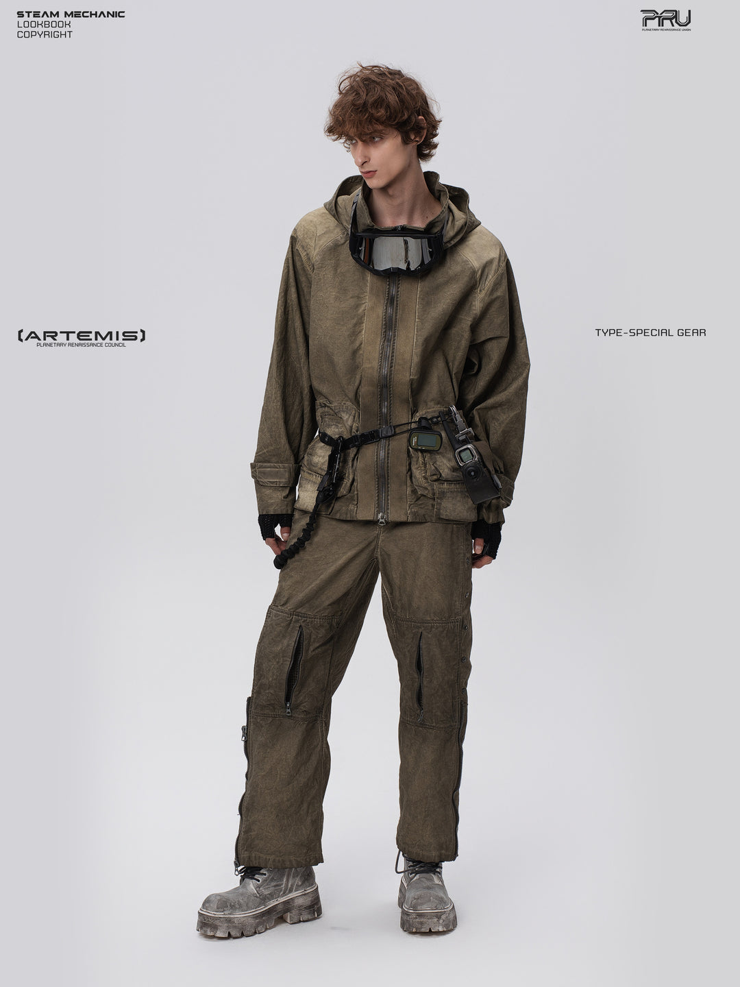 STARCORE distressed work jacket in lunar soil green — full-length front modeled view looking to the side