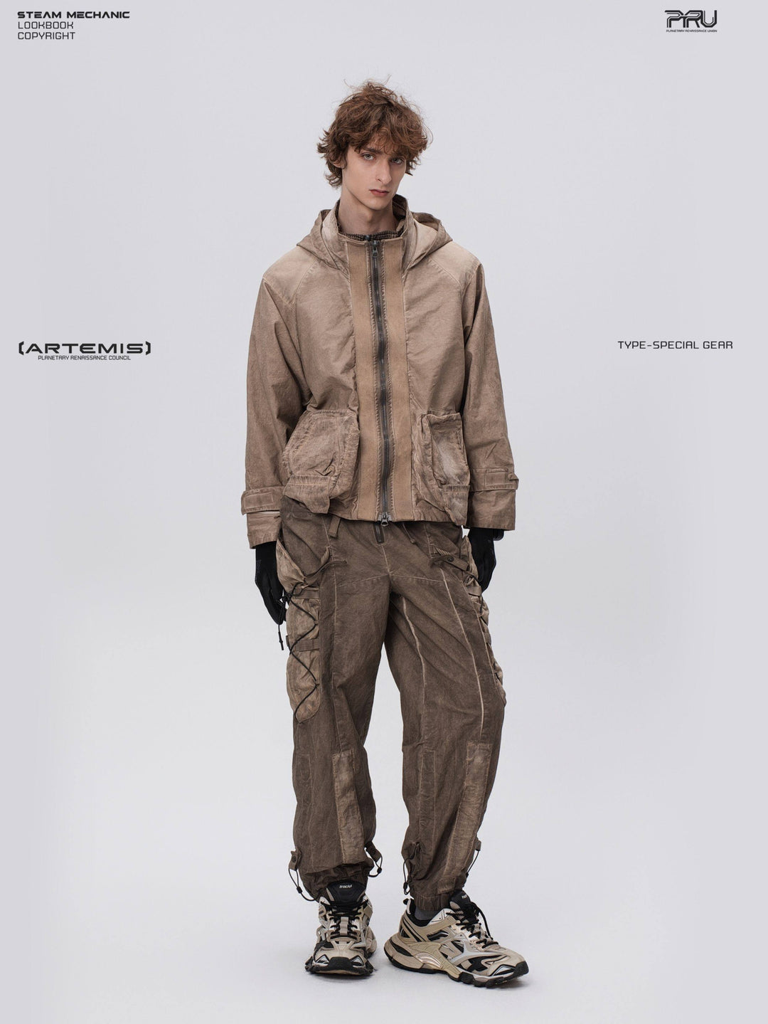 STARCORE distressed work jacket in gravel brown — full-length front modeled view leaning slightly