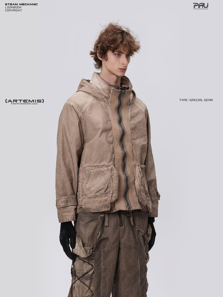 STARCORE distressed work jacket in gravel brown — right three-quarter front modeled close-up