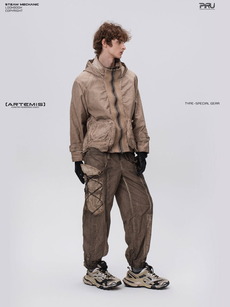 STARCORE distressed work jacket in gravel brown — full-length front three-quarter modeled view
