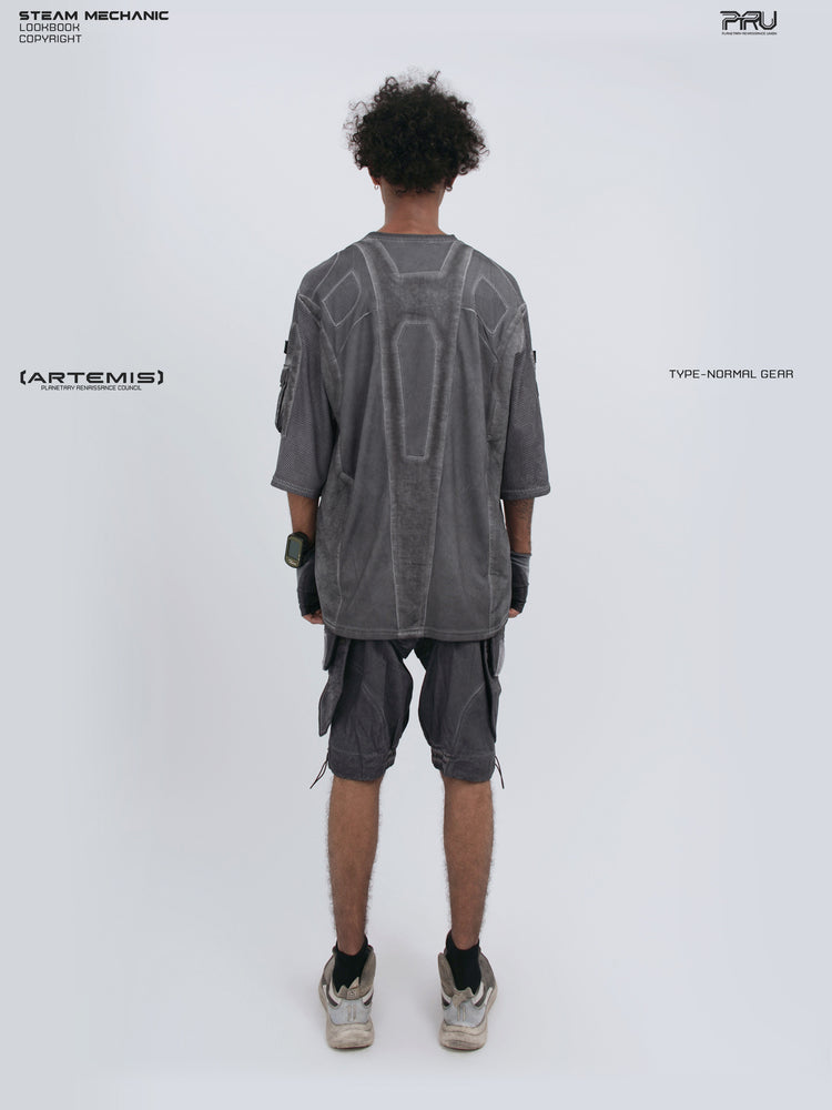 STARCORE moon dust gray velcro mesh tee — full-length modeled back view showing distressed panel outlines