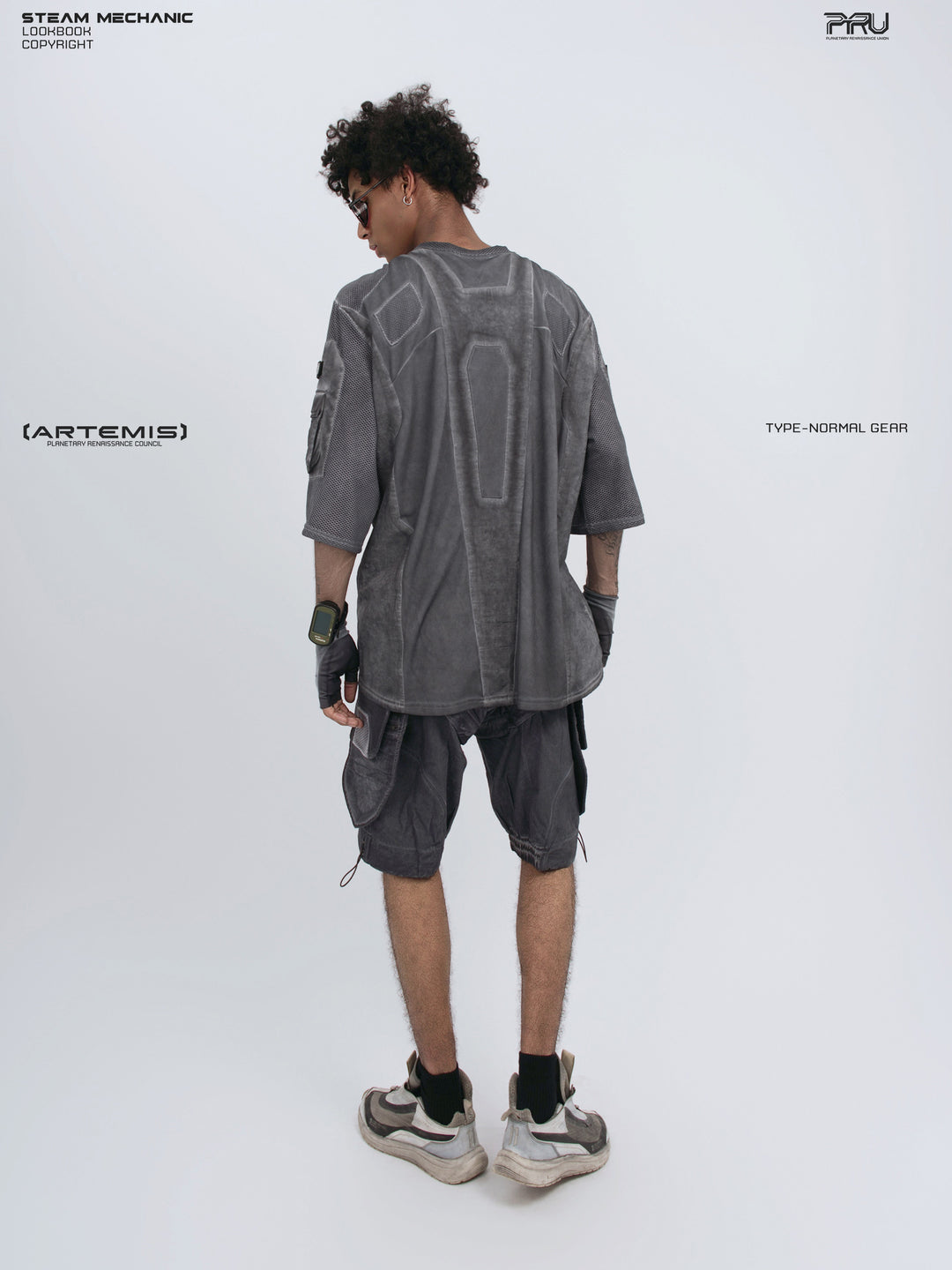 STARCORE moon dust gray velcro mesh tee — full-length modeled rear three-quarter view with head turned