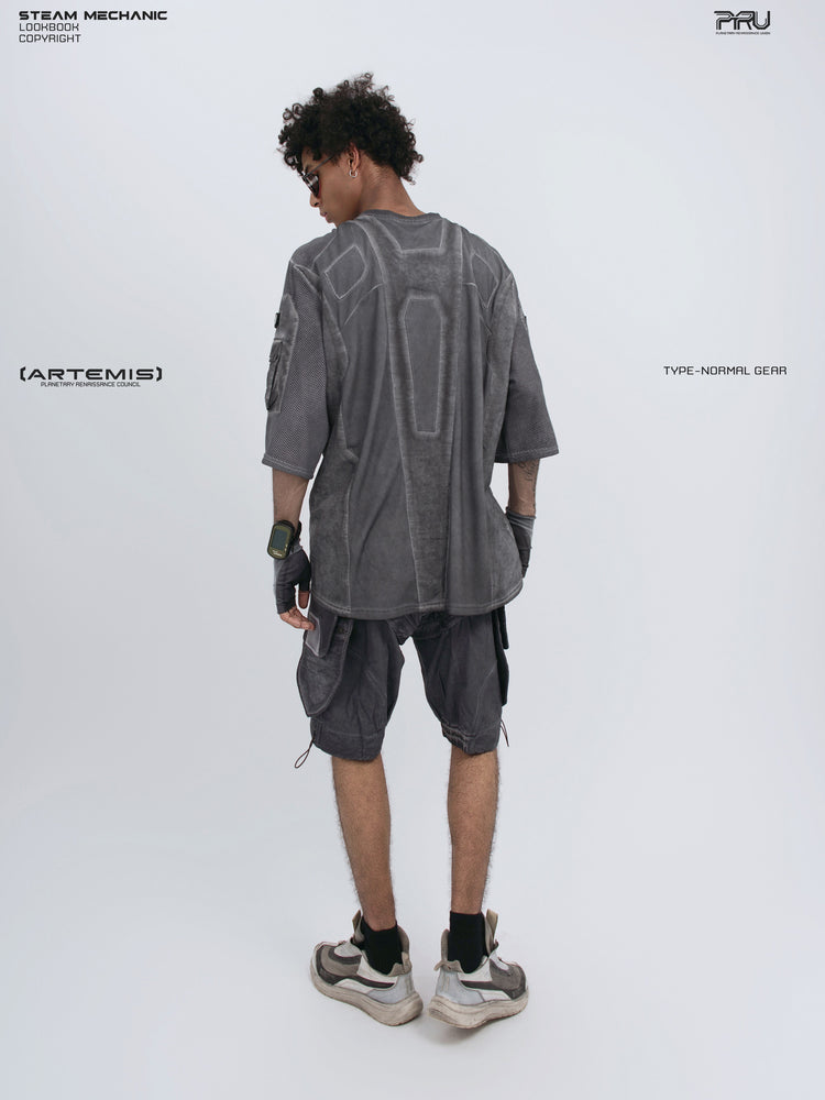 STARCORE moon dust gray velcro mesh tee — full-length modeled rear three-quarter view with head turned