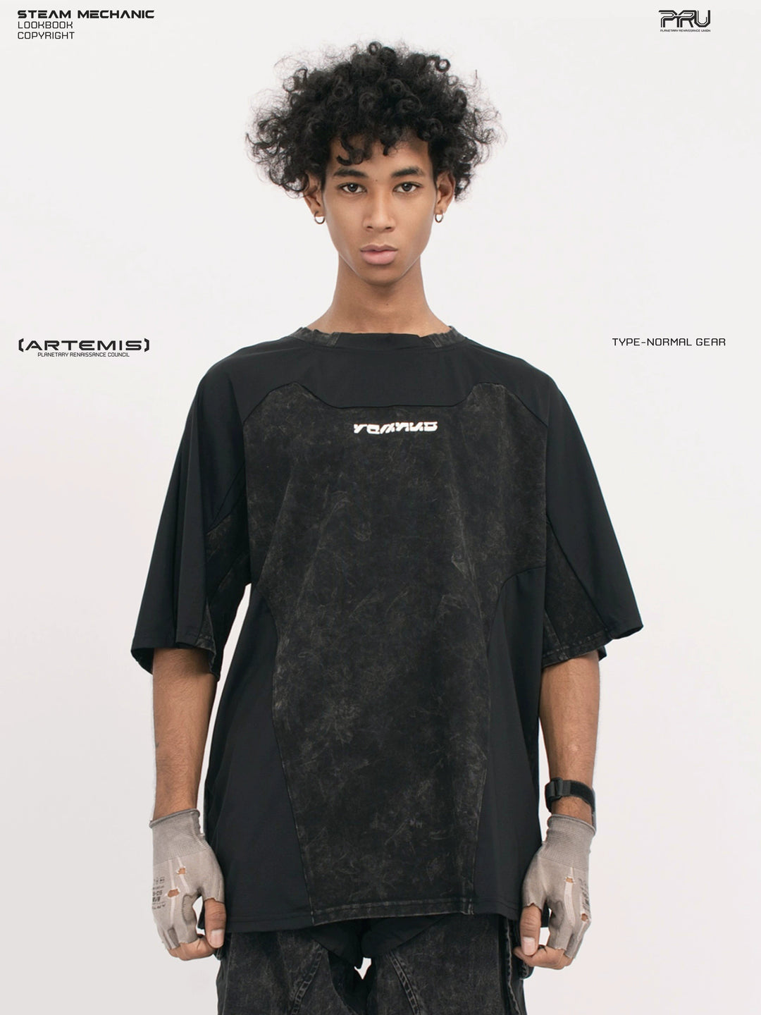 STARCORE black tortoise velcro mesh tee — front close-up showing curved washed chest panel
