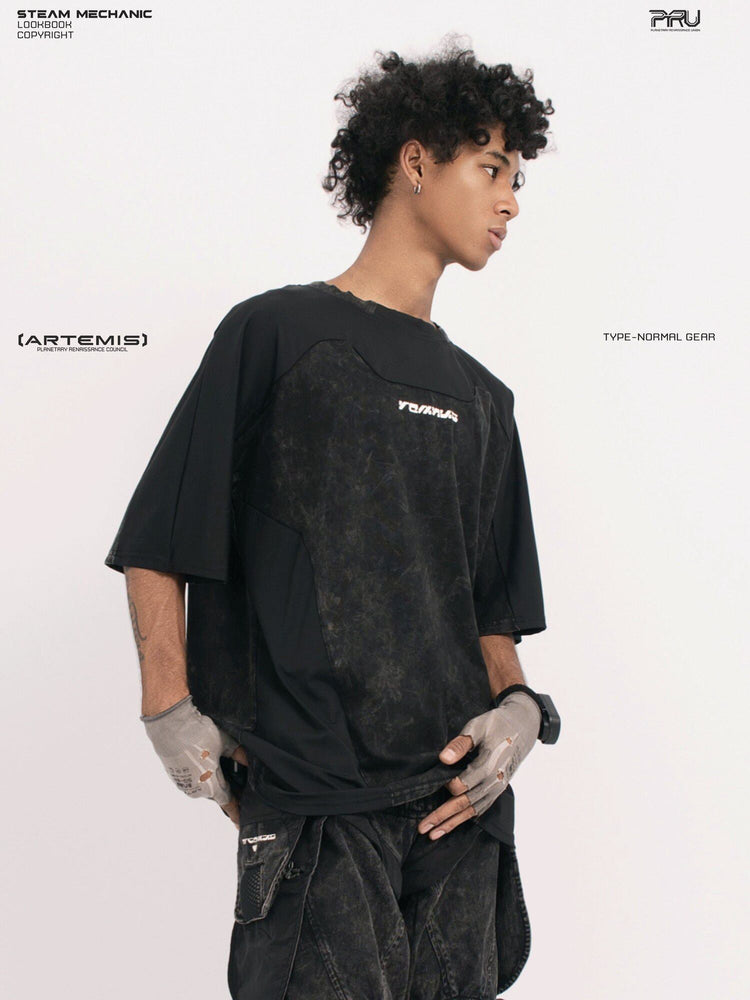 STARCORE black tortoise velcro mesh tee — side close-up showing wide sleeve and drape