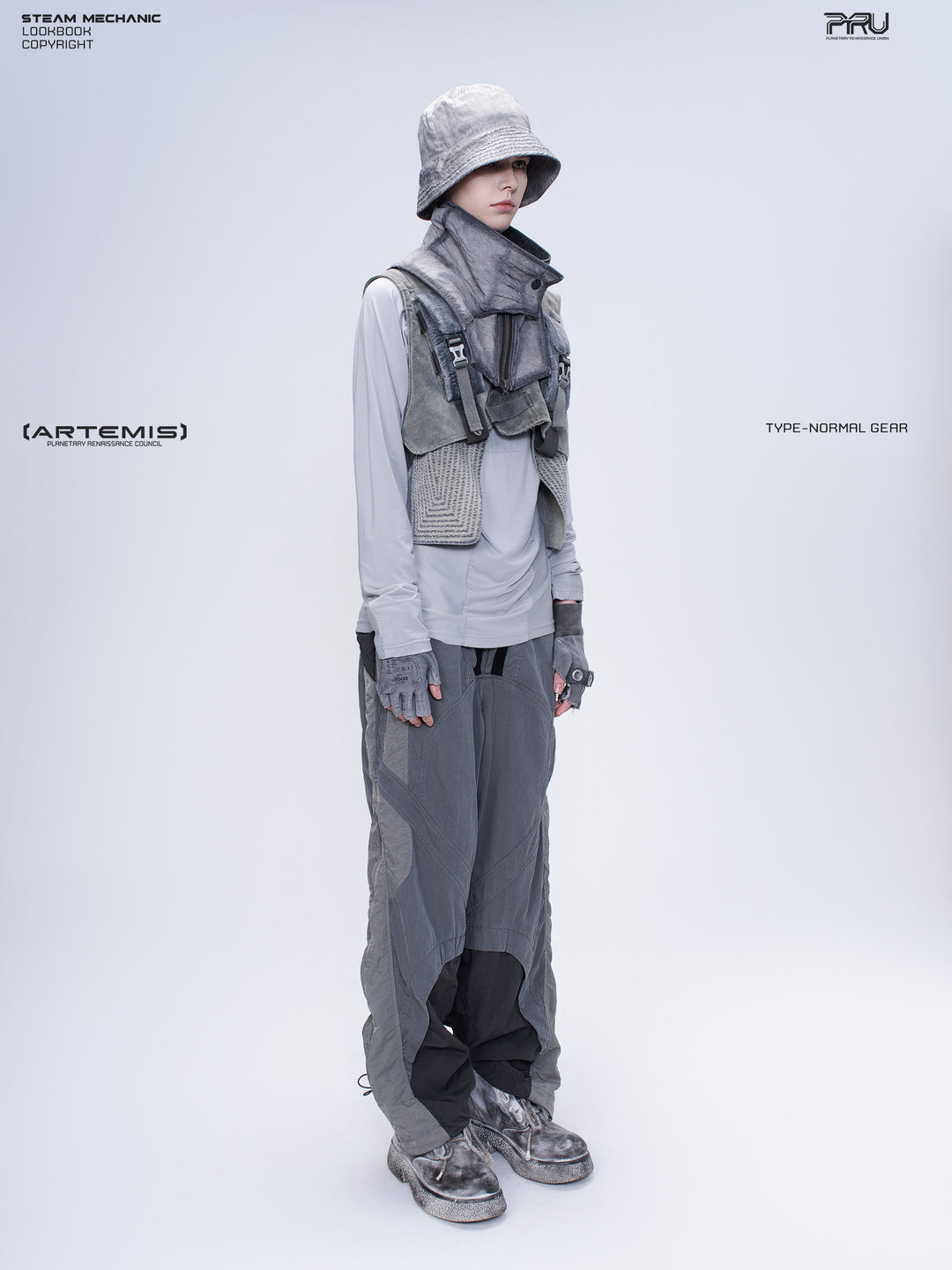 SUPERNOVA alloy gray metallic nylon technical pants — full-length modeled three-quarter front view showing the tapered layers