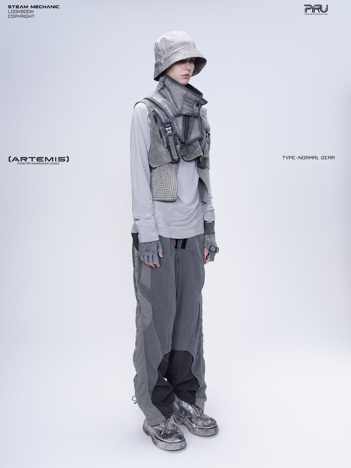 SUPERNOVA alloy gray metallic nylon technical pants — full-length modeled three-quarter front view showing the tapered layers