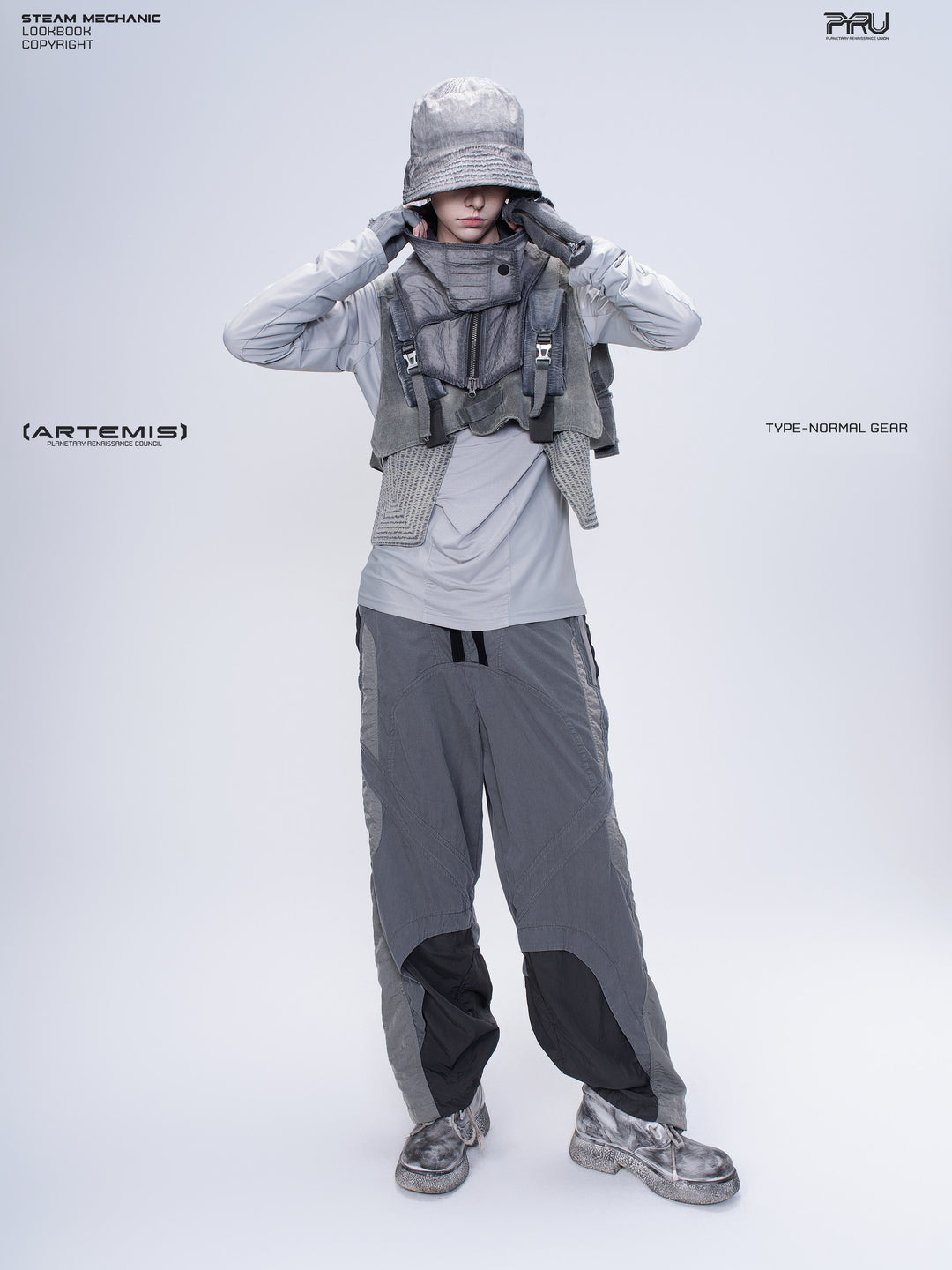 SUPERNOVA alloy gray metallic nylon technical pants — full-length modeled front view with raised arms