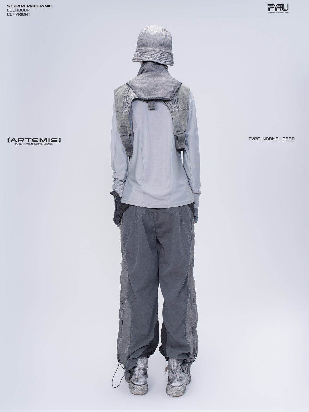 SUPERNOVA alloy gray metallic nylon technical pants — full-length modeled back view showing the contrasting lower-leg panels