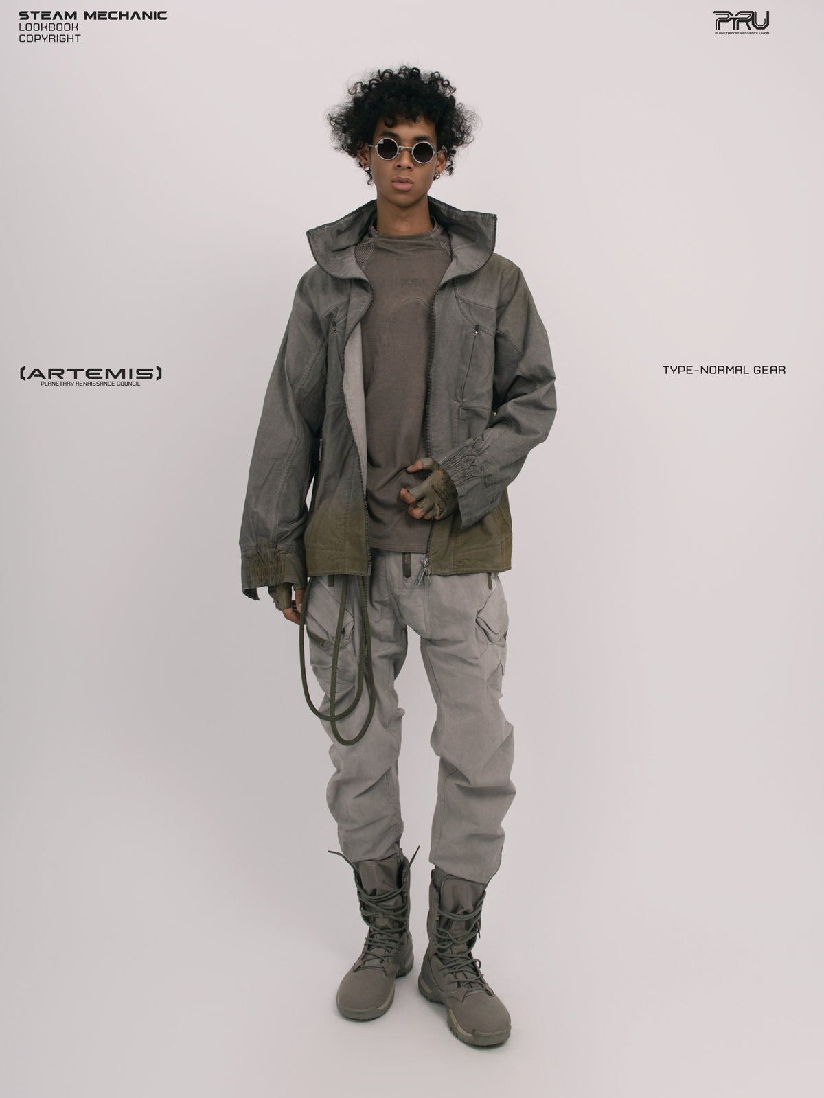 AEGIS lunar sea gray multi-pocket moto pants — full-length front modeled view with a coordinating jacket