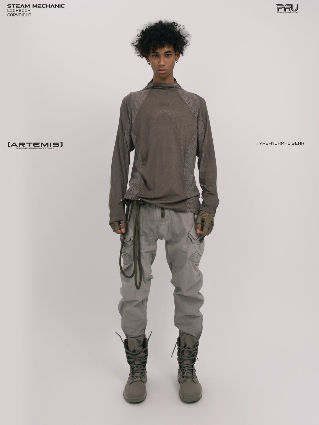 AEGIS lunar sea gray multi-pocket moto pants — full-length straight front modeled view with a plain mesh top
