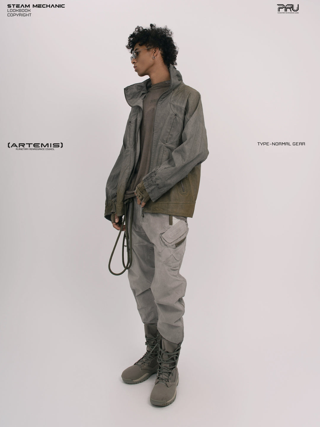 AEGIS lunar sea gray multi-pocket moto pants — full-length side modeled view with a coordinating jacket