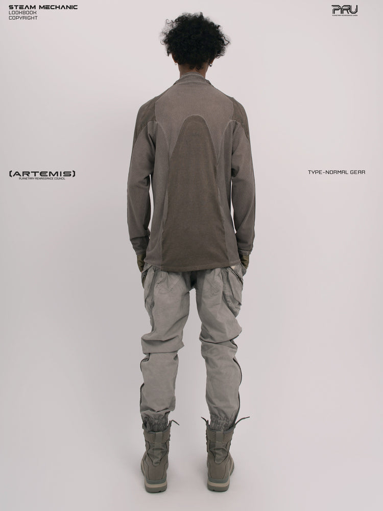 AEGIS lunar sea gray multi-pocket moto pants — full-length straight back modeled view showing the tapered legs and calf zippers