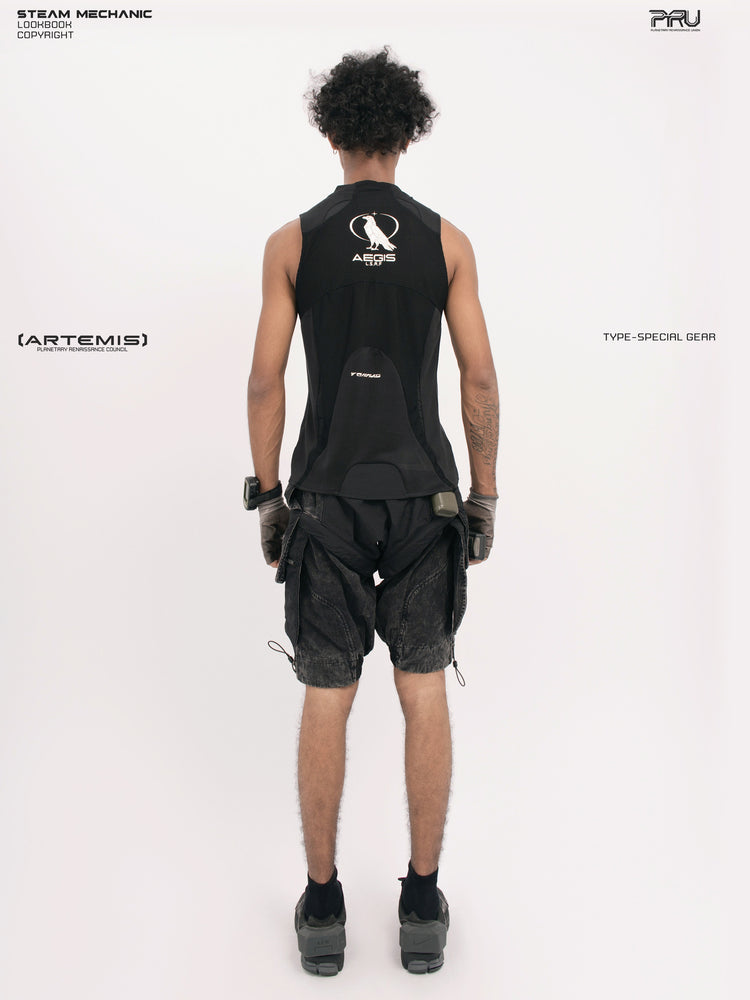 AEGIS blackbird black distressed mesh tank — full-length back modeled view showing the AEGIS emblem and shaped rear panel