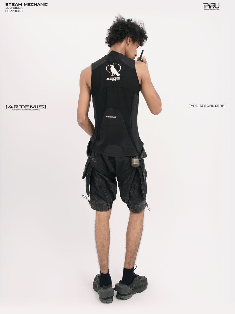 AEGIS blackbird black distressed mesh tank — three-quarter back full-length modeled view with a radio styling prop