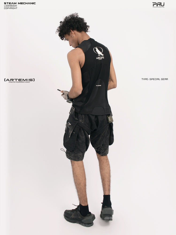 AEGIS blackbird black distressed mesh tank — opposite three-quarter back modeled view showing the shaped hem