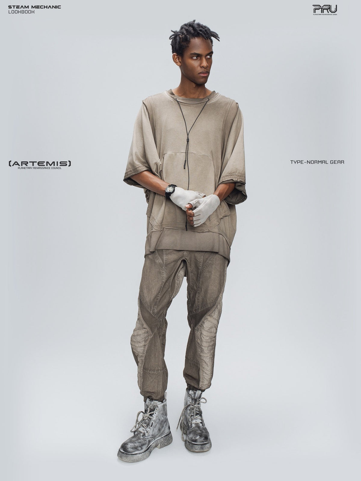 AEGIS cropped moto riding pants in mercury brown — full-length front modeled view