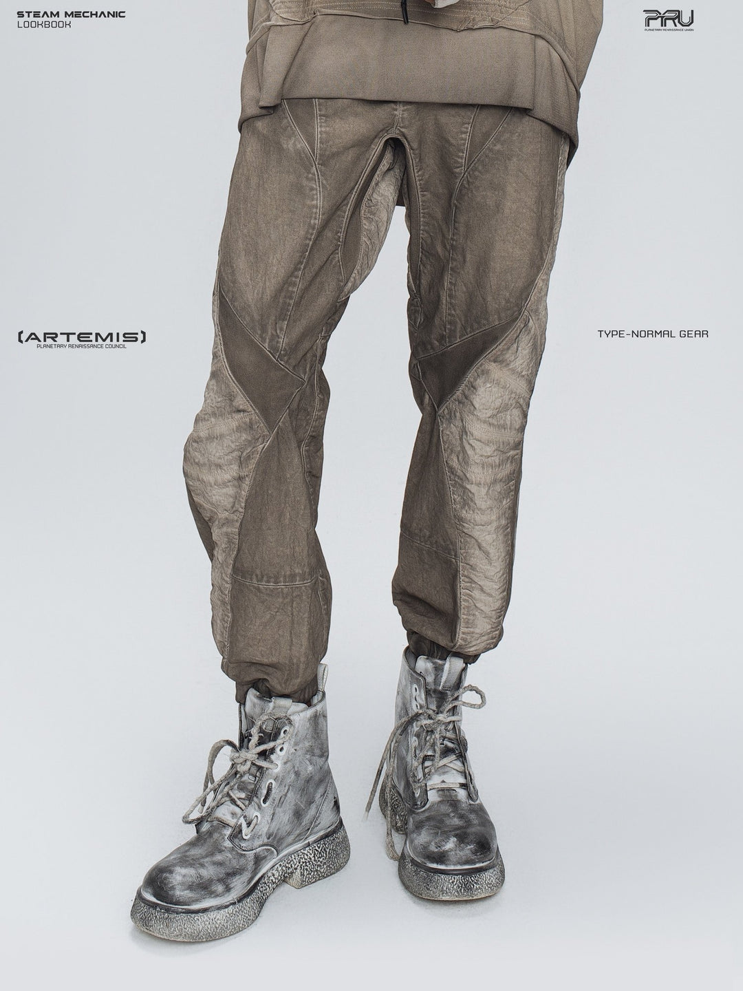 AEGIS cropped moto riding pants in mercury brown — front modeled detail of the washed fabric and knee panels