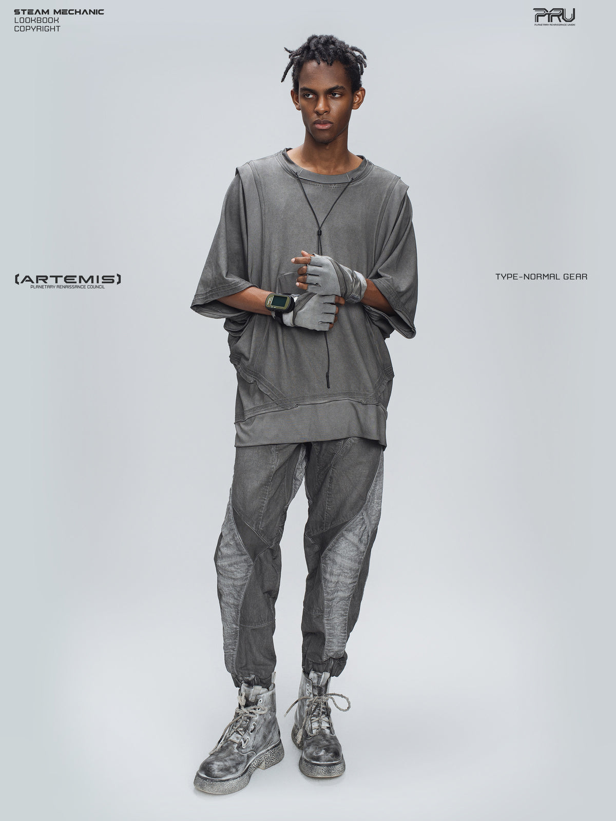 AEGIS moon dust gray cropped moto riding pants — full-body front modeled view