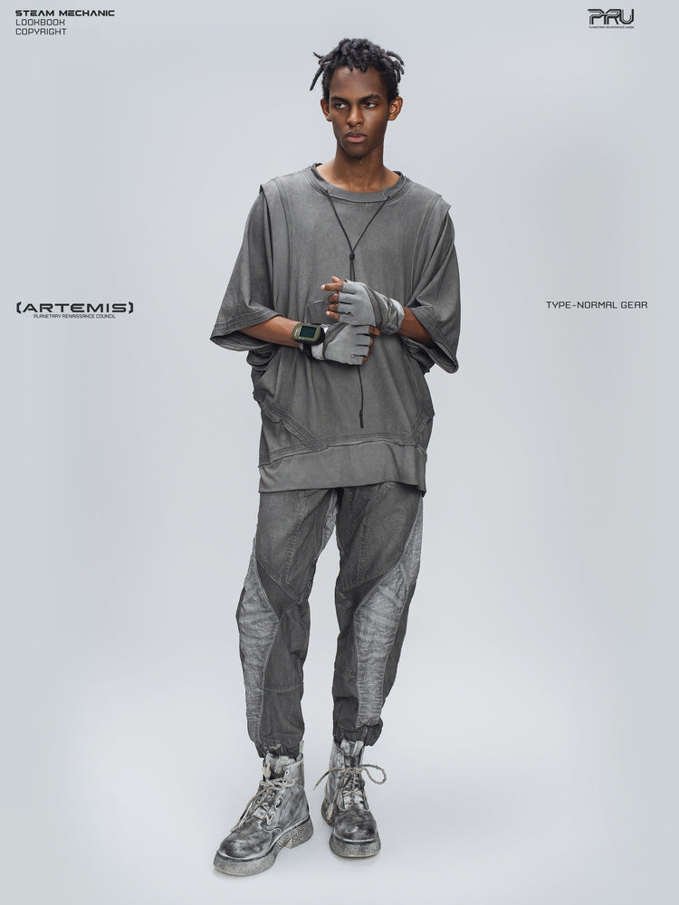 AEGIS moon dust gray cropped moto riding pants — full-body front modeled view