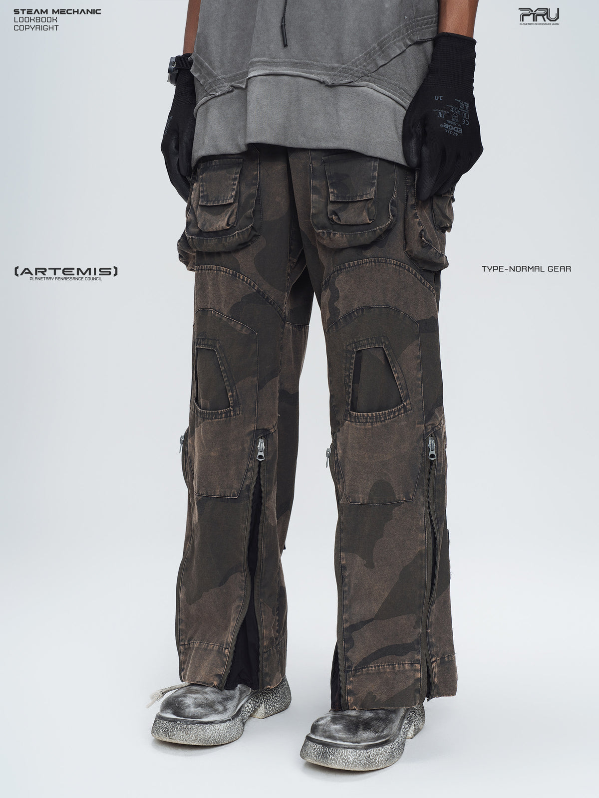IXION dead leaf brown washed camouflage combat pants — opposite three-quarter front lower-body modeled view