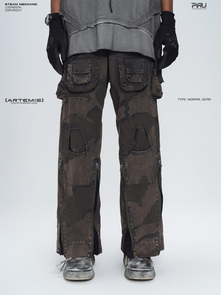 IXION dead leaf brown washed camouflage combat pants — front lower-body modeled view showing layered cargo pockets