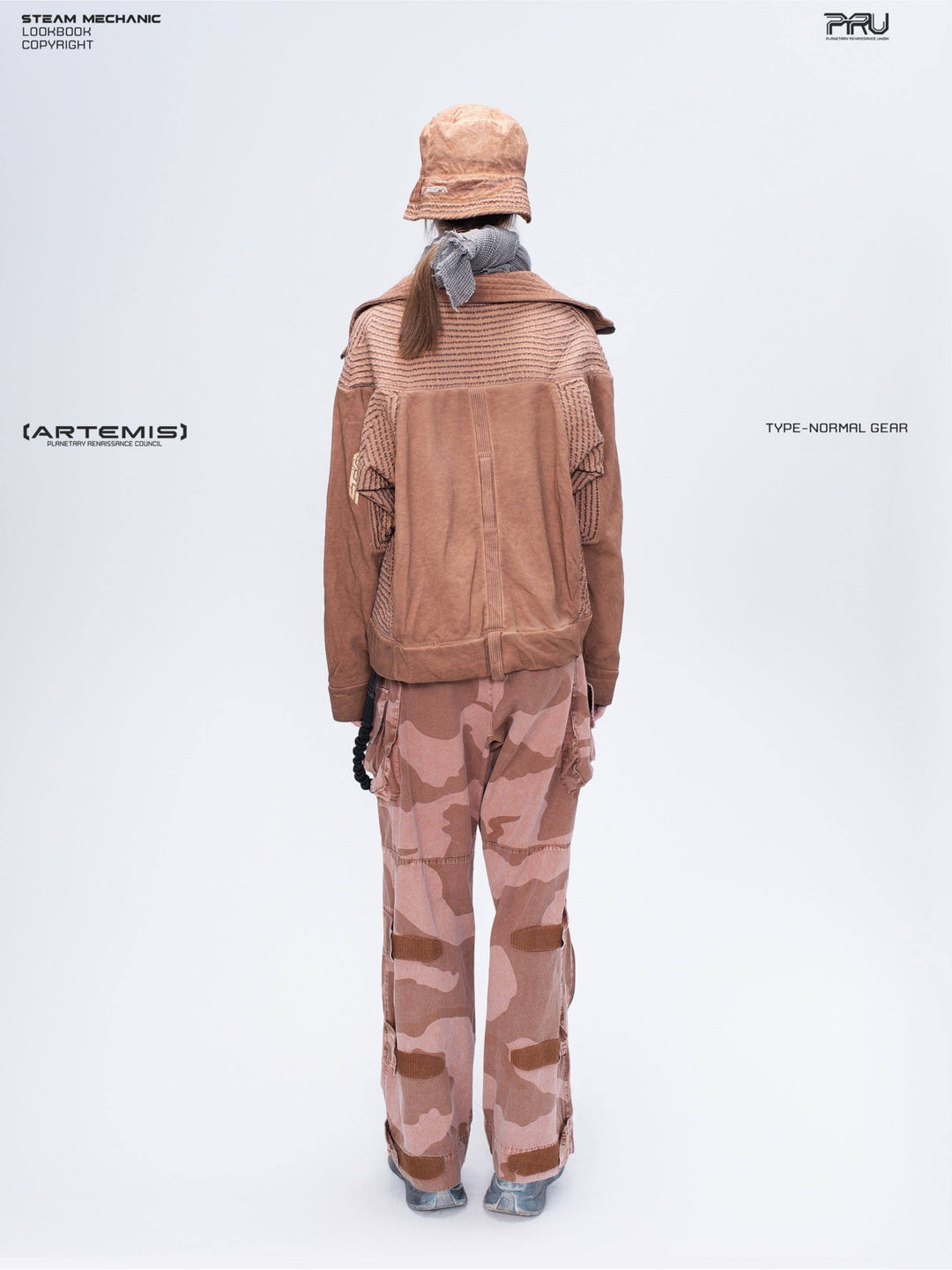 IXION washed camouflage combat pants in dune red — full-length styled back view