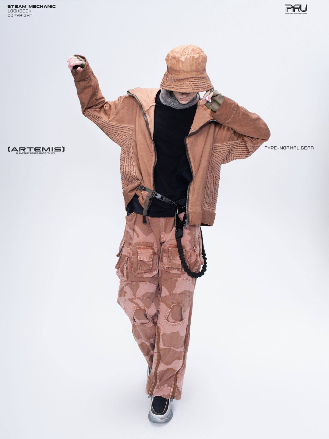 IXION washed camouflage combat pants in dune red — full-length styled walking pose