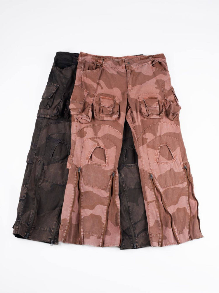 IXION washed camouflage combat pants — front garment-only comparison of dune red and dead leaf brown colorways