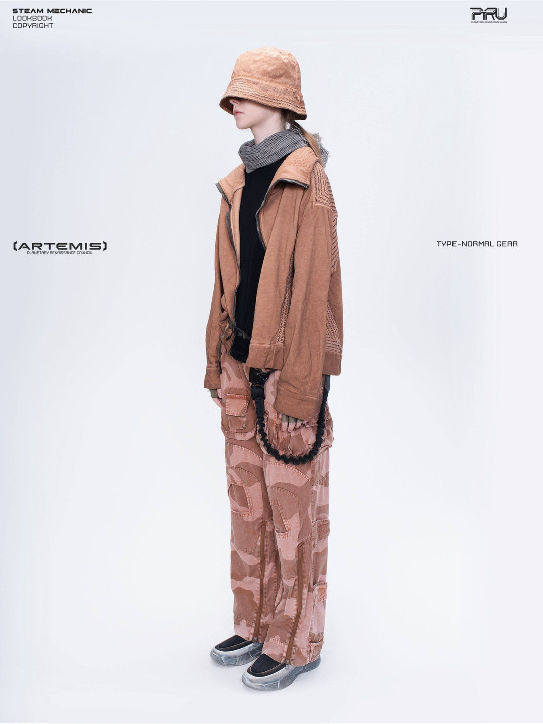 IXION washed camouflage combat pants in dune red — full-length styled side view