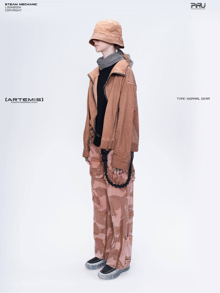 IXION washed camouflage combat pants in dune red — full-length styled side view