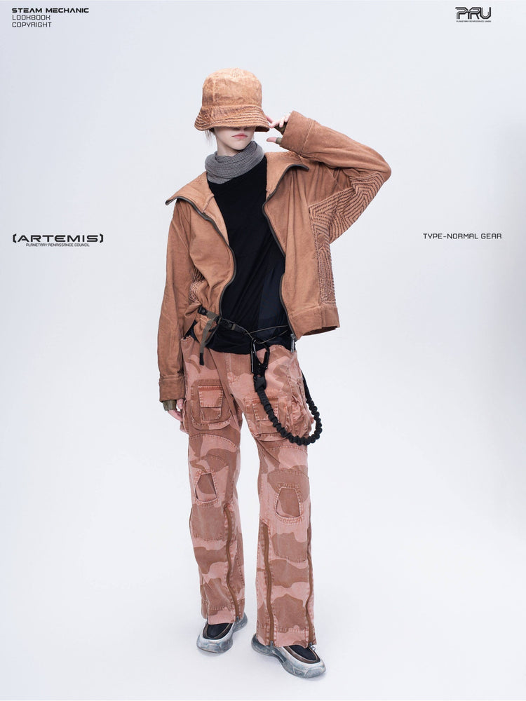 IXION washed camouflage combat pants in dune red — full-length styled front view